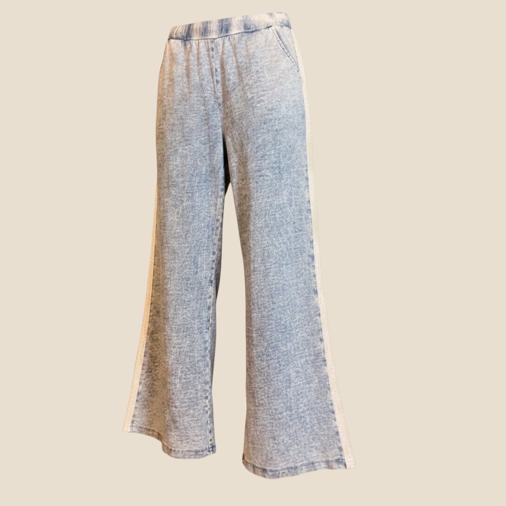 Venus Women Acid Wash Sequin Stripe Wide Leg Pants Blue Knit Size L